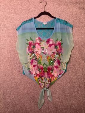Bongo S Y2K Bird Floral Sequin Lace Back Tie Front Top